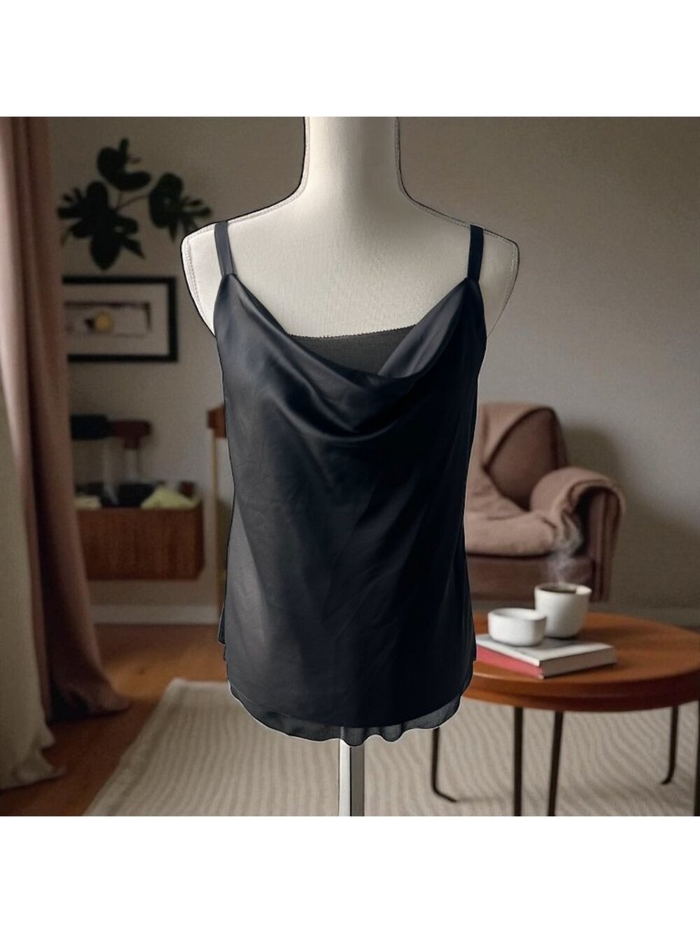 BLACK Womens Satin Cowl Tank Top Size XXS